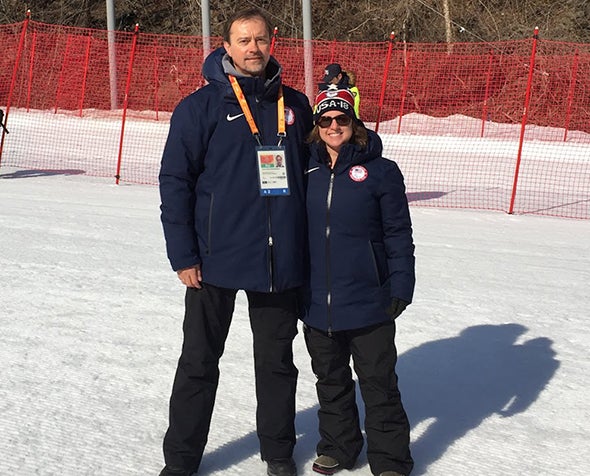 Professors Jamie Shapiro and Artur Poczwardowski pose for a photo at the 2018 Paralympic Winter Games in South Korea.