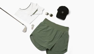 an assortment of women's golf clothing and accessories