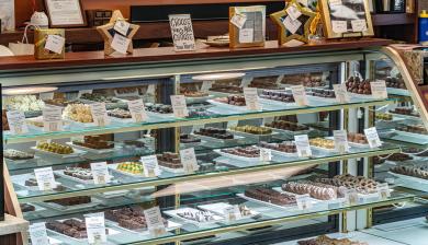 Chocolates in a display case at Stargazer Fine Chocolates